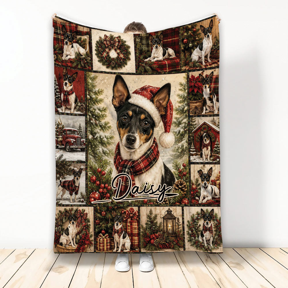 Rat Terrier Christmas throw blanket with plaid panels, wreaths, ornaments, and festive dog artwork