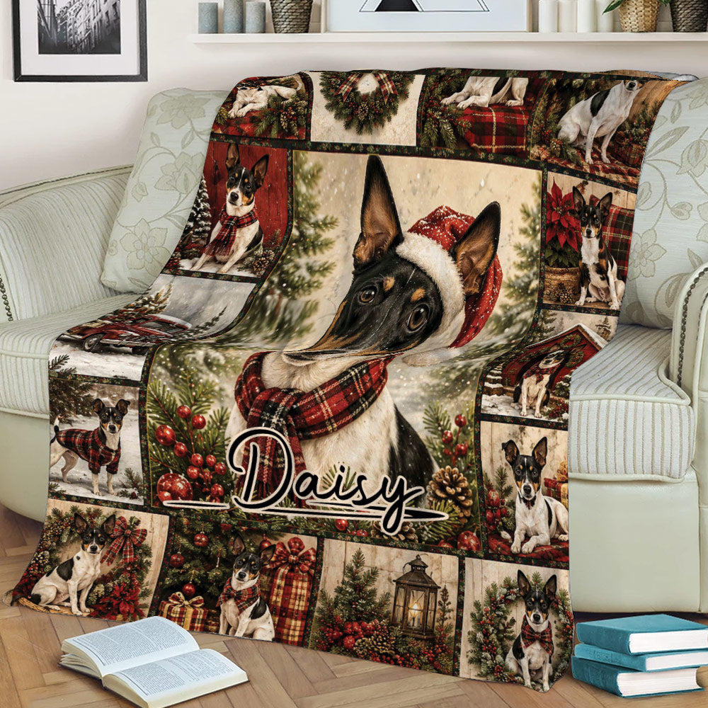 Rat Terrier holiday throw blanket draped over a couch with festive dog portraits and Christmas greenery