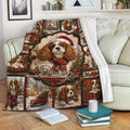 Cavalier King Charles Spaniel Christmas throw blanket displayed on a sofa with festive plaid and holiday artwork