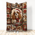 Christmas Cavalier King Charles Spaniel blanket with festive dog portraits, plaid scarves, poinsettias, and snowy scenes