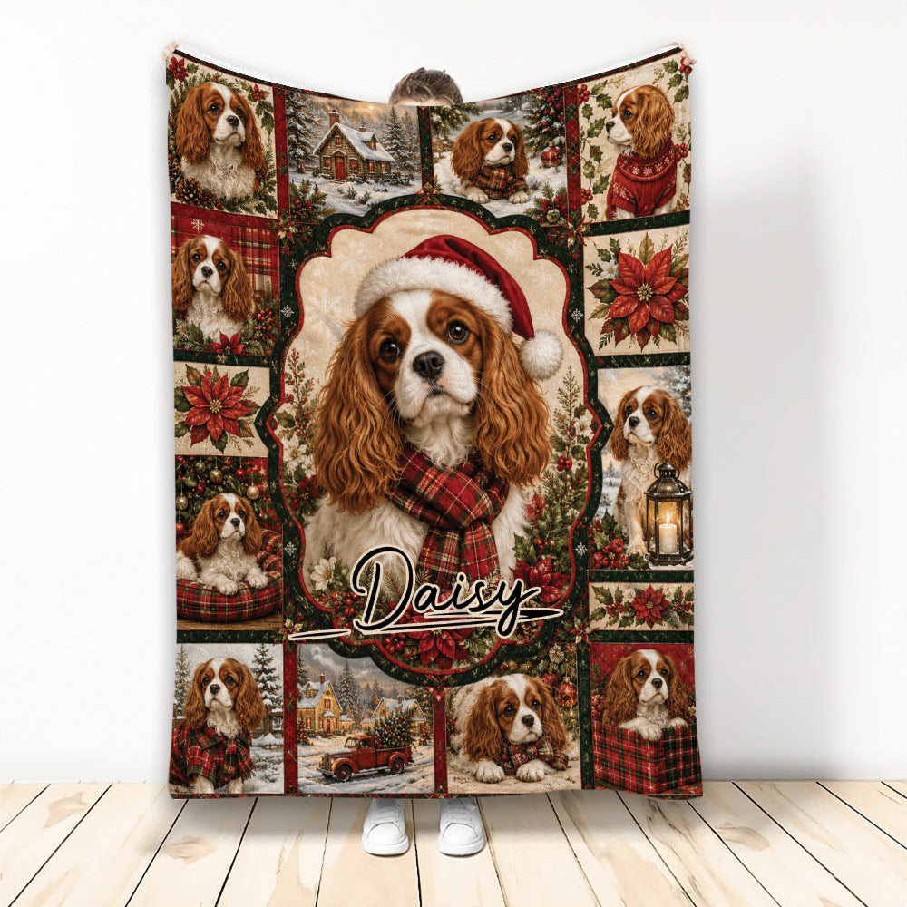 Christmas Cavalier King Charles Spaniel blanket with festive dog portraits, plaid scarves, poinsettias, and snowy scenes