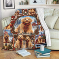 Custom Christmas Goldendoodle blanket draped over a sofa with cozy winter dog artwork