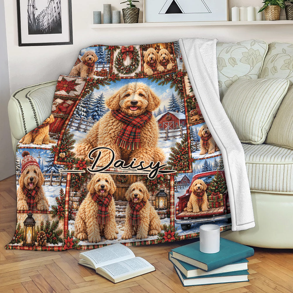 Custom Christmas Goldendoodle blanket draped over a sofa with cozy winter dog artwork