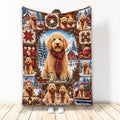 Christmas Goldendoodle throw blanket with snowy farm scenes, scarves, wreaths, and festive holiday details