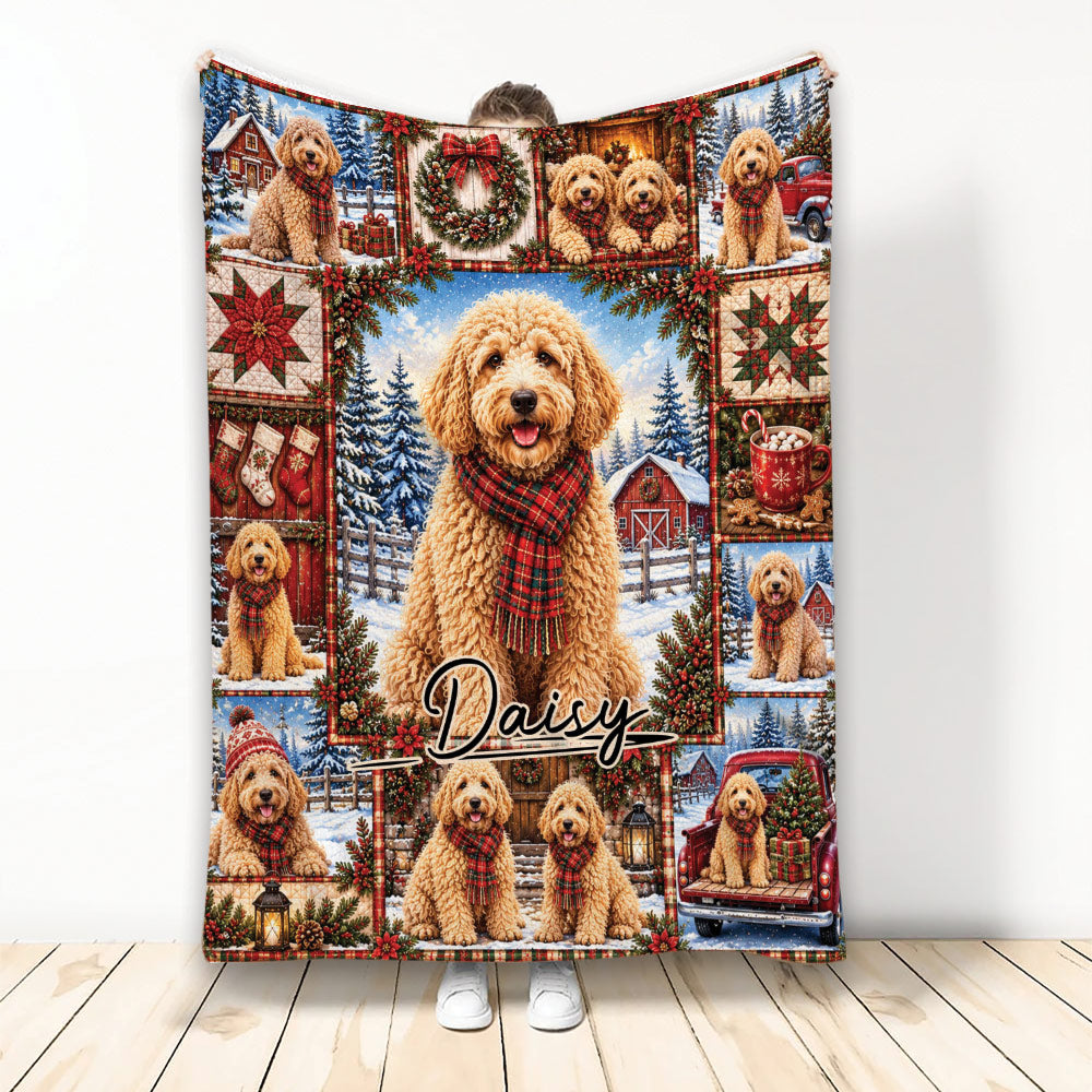 Christmas Goldendoodle throw blanket with snowy farm scenes, scarves, wreaths, and festive holiday details