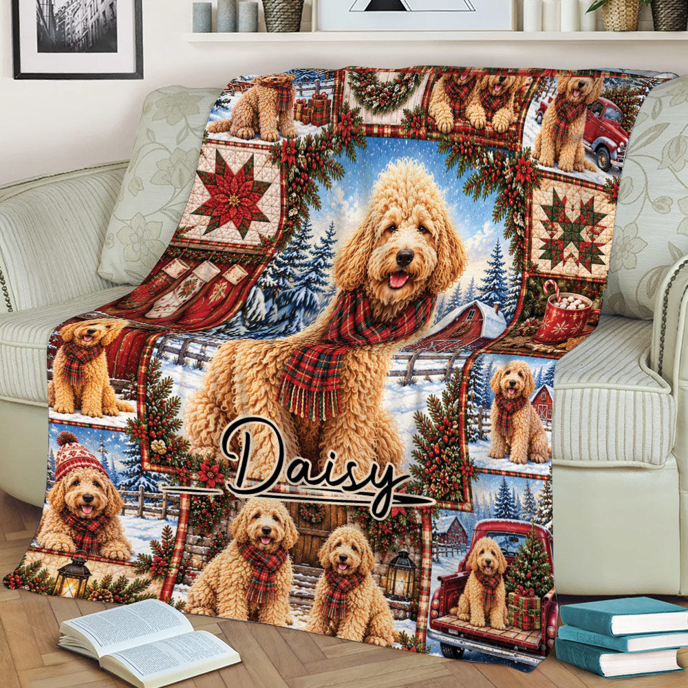 Goldendoodle Christmas throw blanket displayed on a couch with snowy scenes and festive holiday artwork