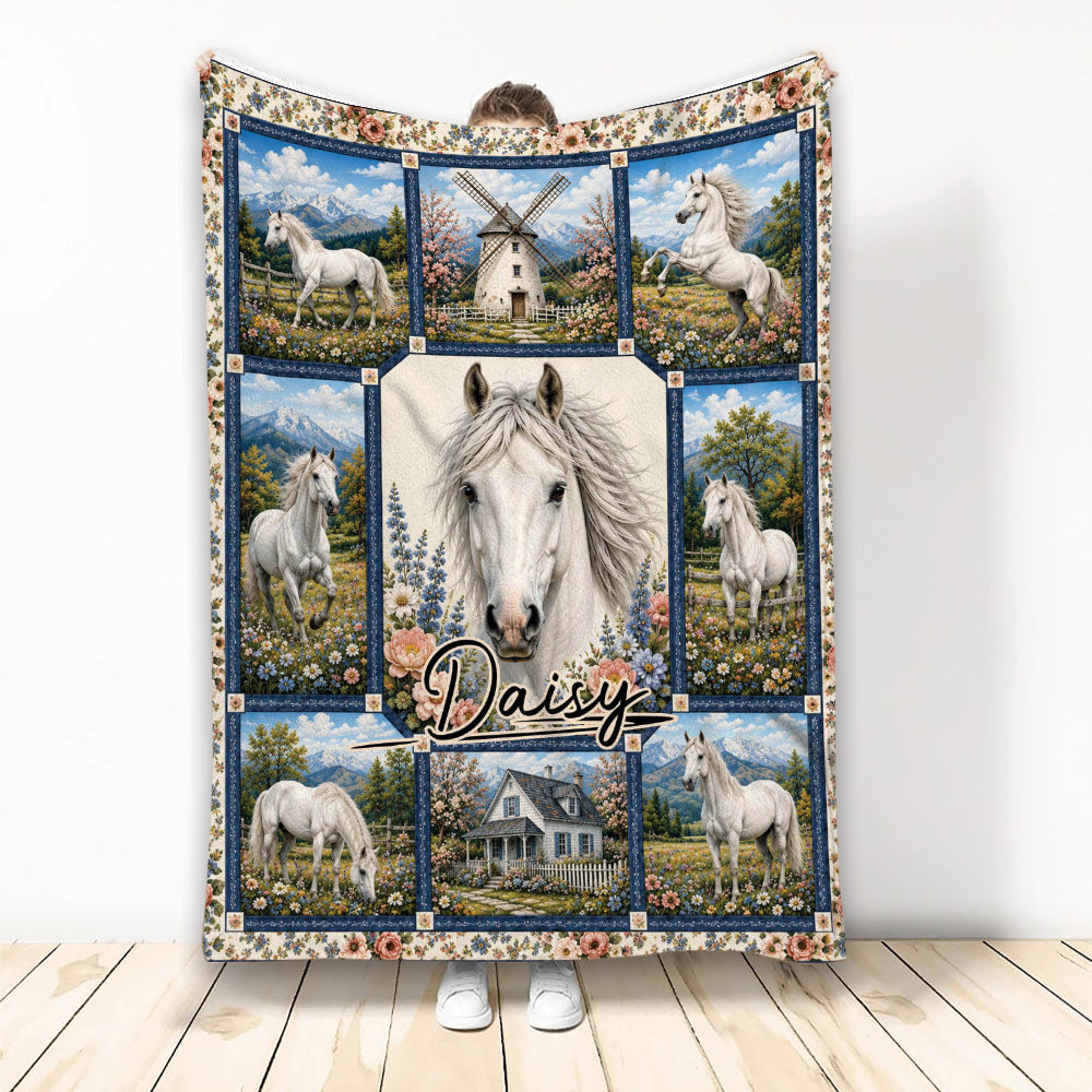 Horse throw blanket featuring white horses, mountain scenery, wildflowers, a farmhouse, and decorative floral borders