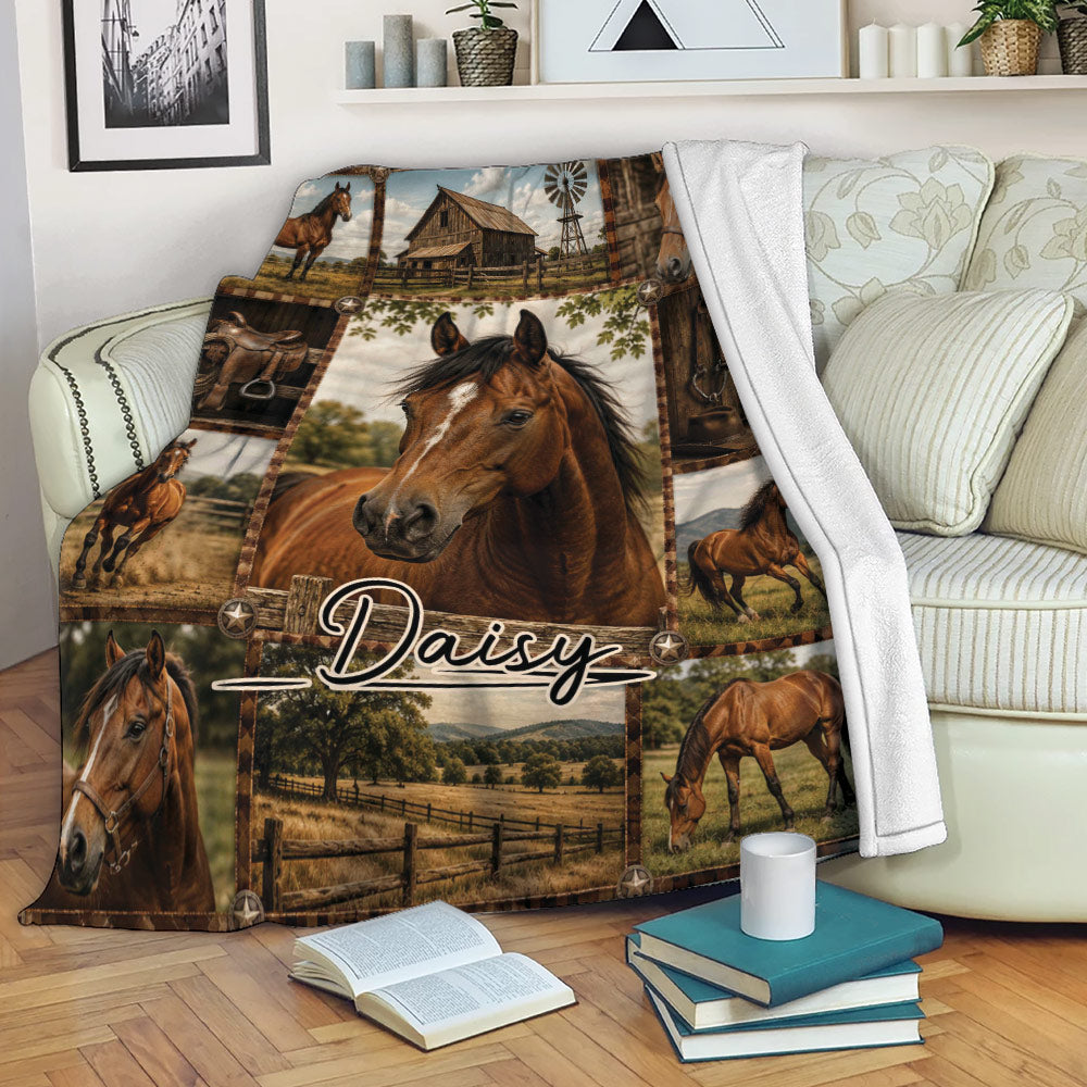 Rustic horse throw blanket displayed on a couch with ranch scenes, saddles, and equestrian artwork