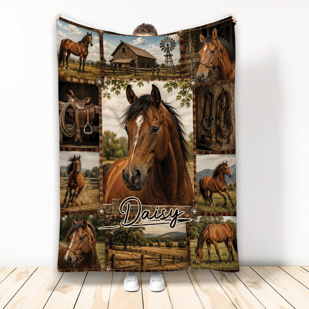 Horse blanket featuring a rustic ranch collage with horses, barn scenes, saddles, and countryside artwork