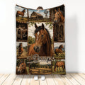 Horse blanket featuring a rustic ranch collage with horses, barn scenes, saddles, and countryside artwork