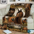 Horse throw blanket draped over a sofa, showcasing a western ranch collage and detailed horse portraits