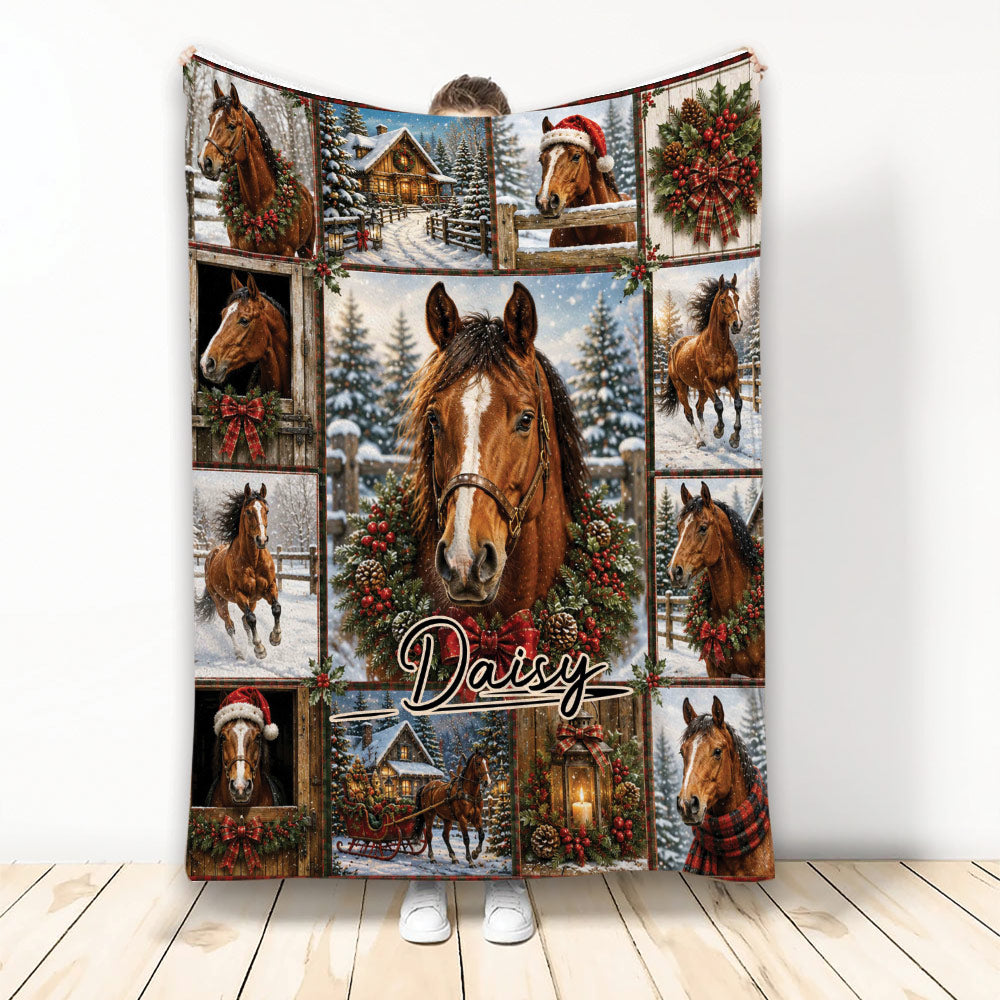 Christmas horse blanket featuring multiple brown horses, snowy scenes, evergreen wreaths, and festive holiday accents