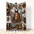 Christmas horse blanket featuring multiple brown horses, snowy scenes, evergreen wreaths, and festive holiday accents