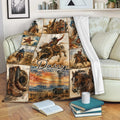 Rodeo throw blanket displayed on a sofa with cowboy, horse, bull riding, and western ranch artwork