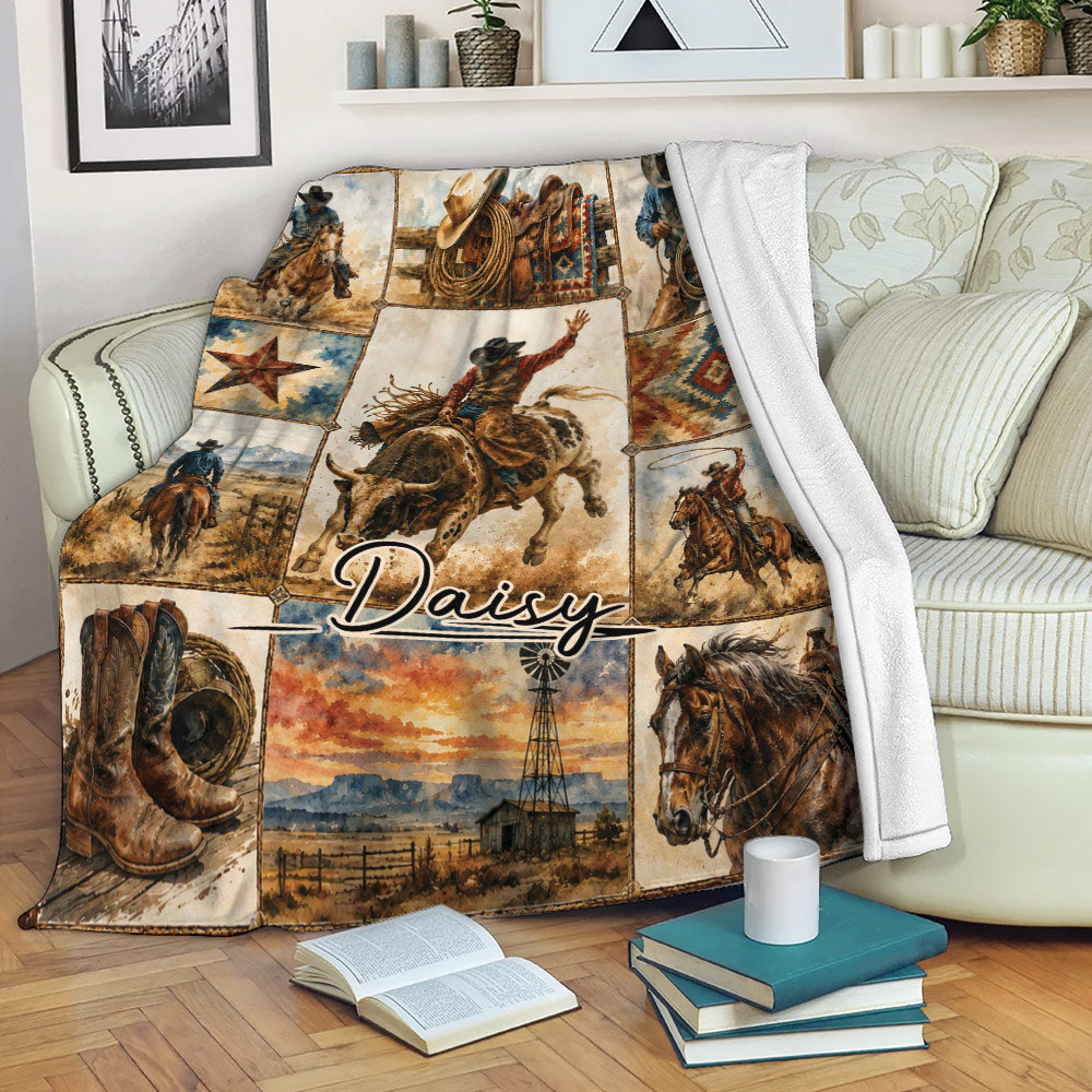 Rodeo throw blanket displayed on a sofa with cowboy, horse, bull riding, and western ranch artwork
