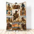 Rodeo throw blanket with cowboy riders, bull riding, horses, boots, rope, and rustic western artwork
