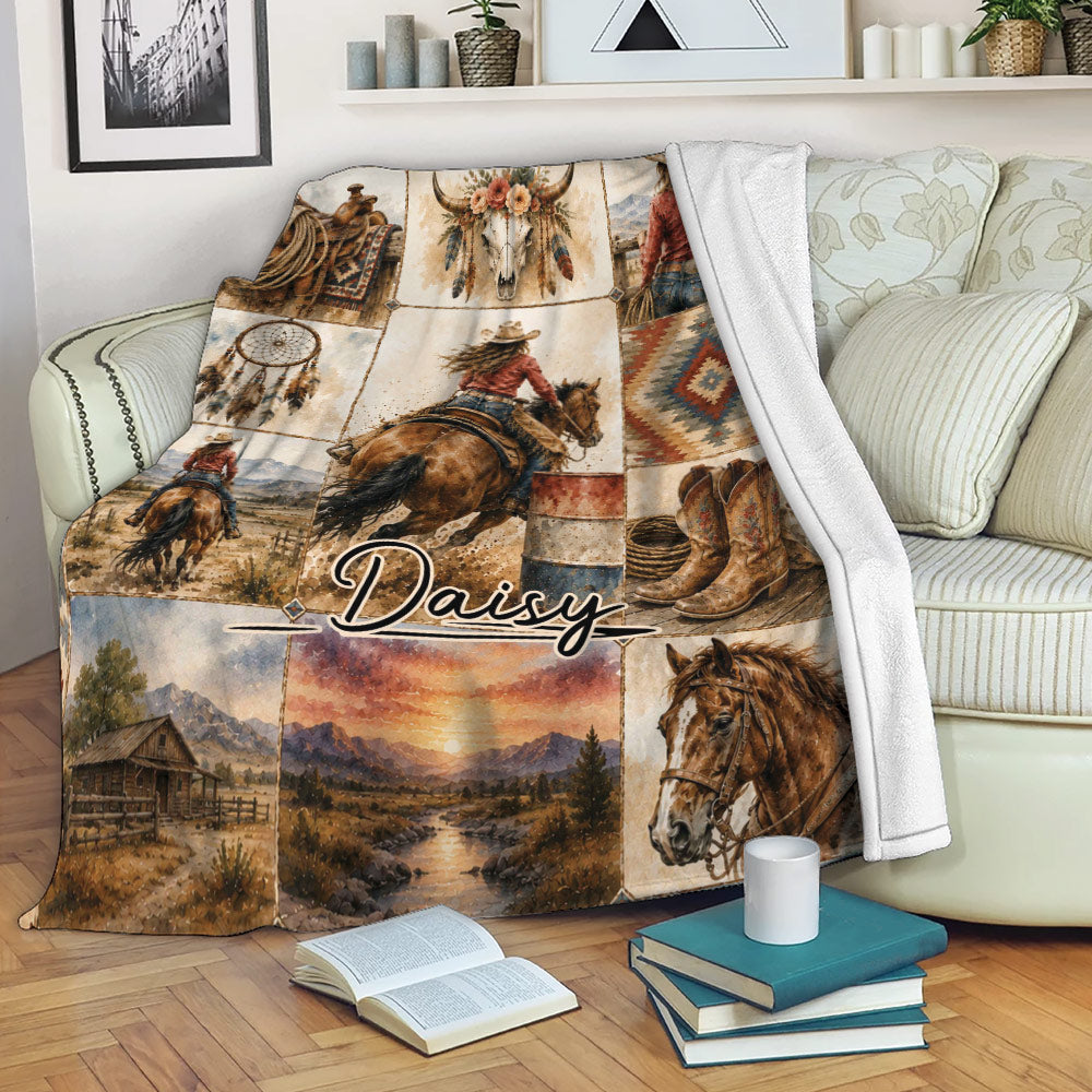 Custom cowgirl blanket draped over a sofa, featuring western horse, ranch and colorful southwestern artwork