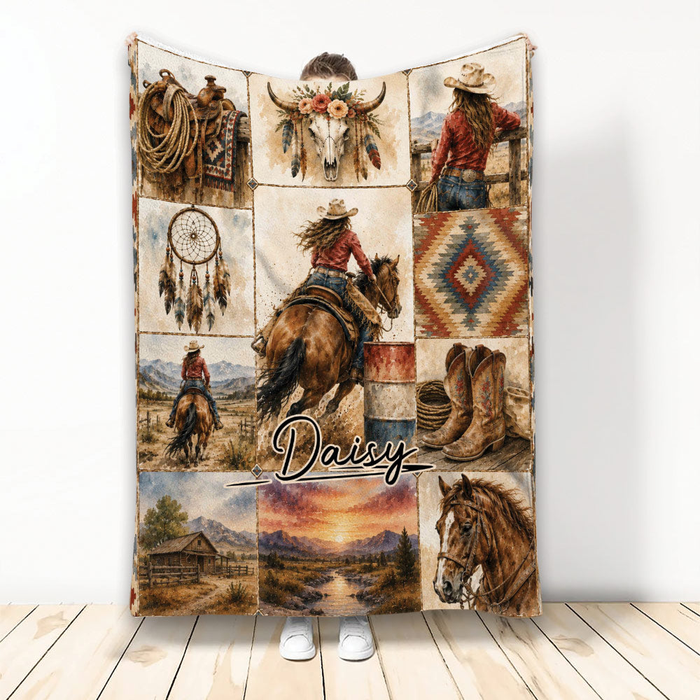 Cowgirl throw blanket with horse riding scenes, western boots, saddle, longhorn skull and rustic landscape artwork