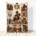 Cowgirl throw blanket with horse riding scenes, western boots, saddle, longhorn skull and rustic landscape artwork