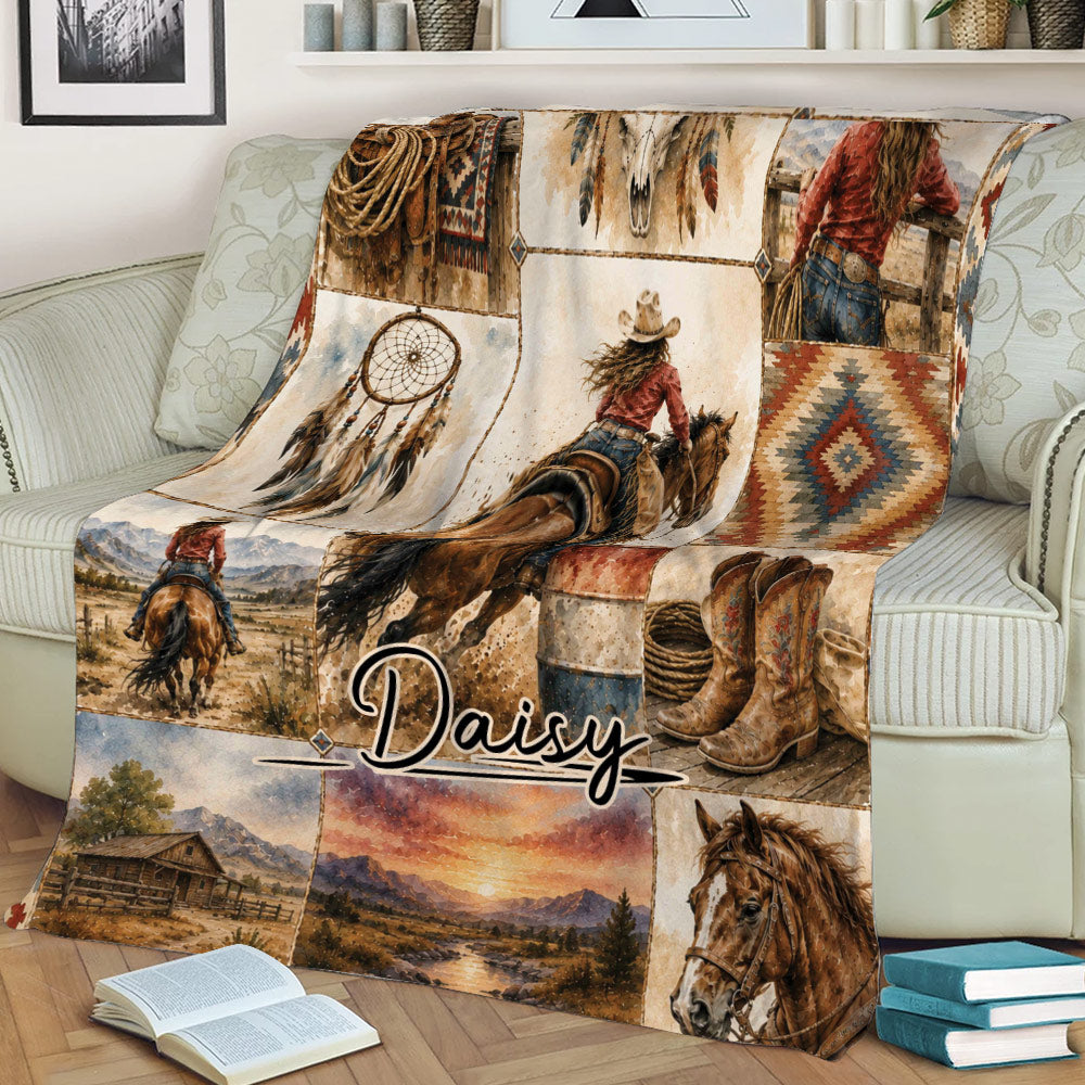 Western cowgirl throw blanket displayed on a couch with horse riding, boots, dreamcatcher and mountain artwork