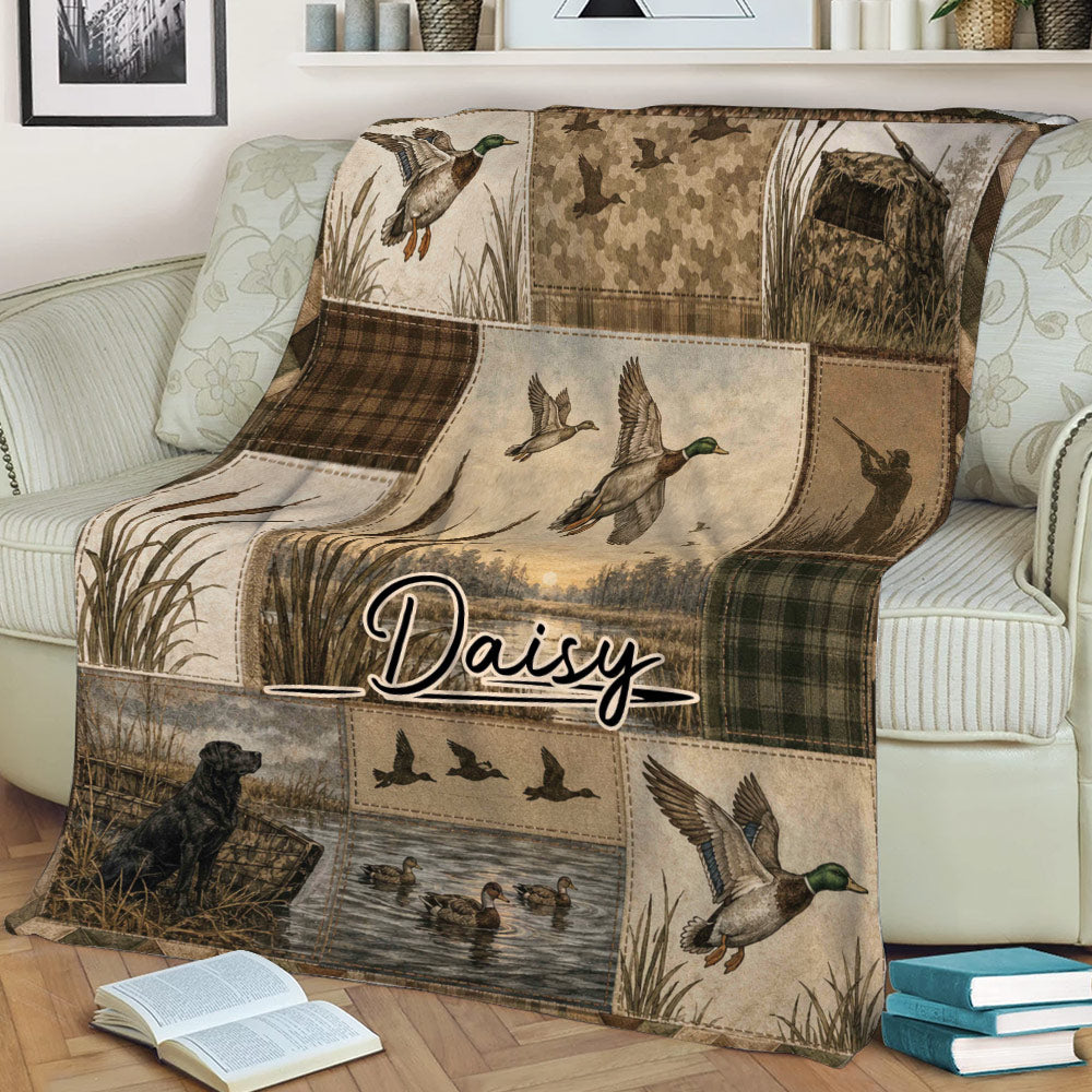 Rustic duck hunting blanket draped over a couch with mallards, cattails, a hunter, retriever dog, and wetland scenes
