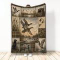 Duck hunting throw blanket with mallard ducks, marsh scenes, reeds, camouflage accents, and hunting dog artwork
