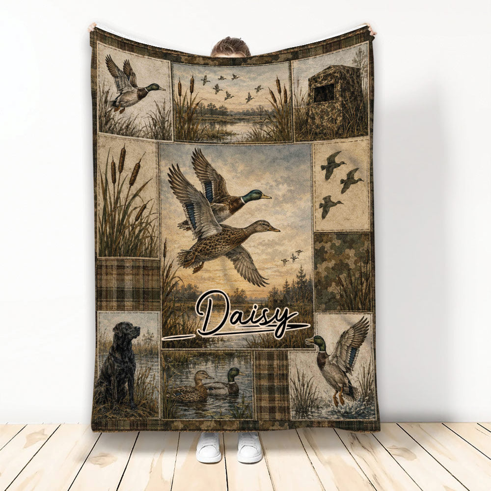 Duck hunting throw blanket with mallard ducks, marsh scenes, reeds, camouflage accents, and hunting dog artwork