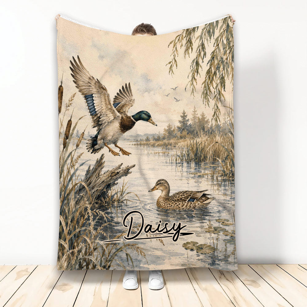 Duck hunting blanket featuring flying and swimming mallards in a detailed marsh landscape