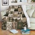 Duck hunting blanket displayed on a sofa with mallards, camouflage, forest, and rustic lodge-style panels