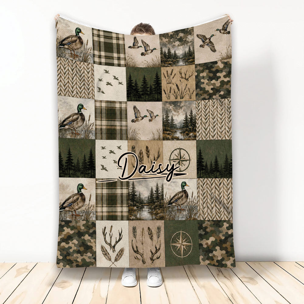 Duck hunting throw blanket with mallards, camouflage, pine forests, reeds, and rustic outdoor artwork