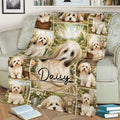 Havanese throw blanket styled on a sofa with garden scenery, flower details, and repeated dog portraits