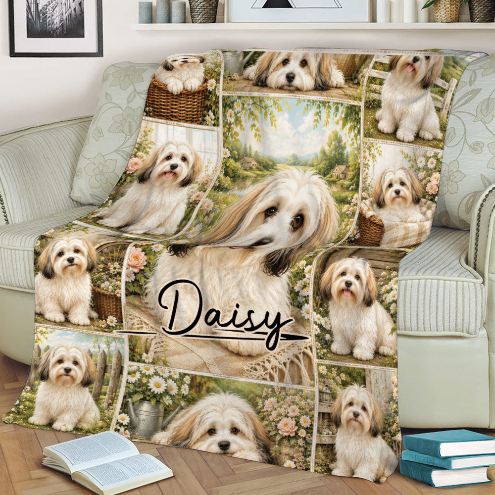 Havanese throw blanket styled on a sofa with garden scenery, flower details, and repeated dog portraits