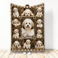Havanese throw blanket displayed vertically with a rustic collage of dogs and farmhouse-inspired panels