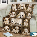 Havanese dog collage blanket styled across a sofa with rustic artwork and cozy reading decor