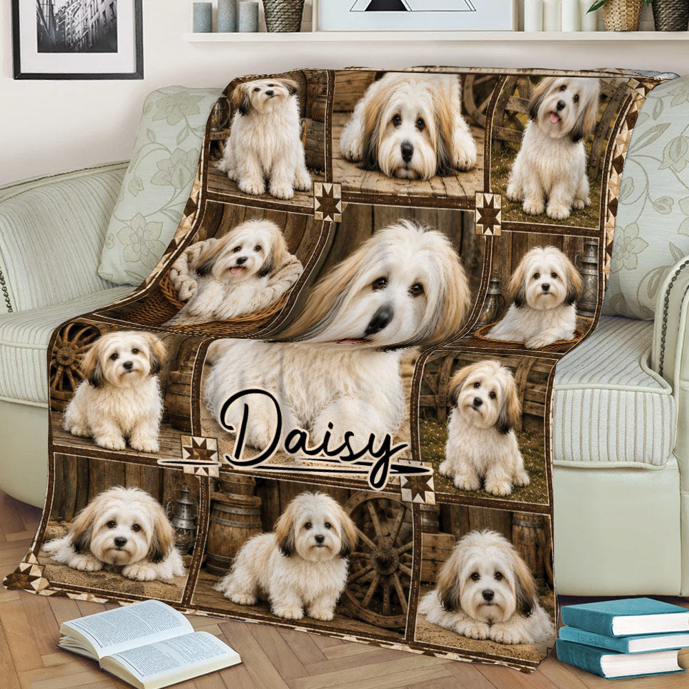 Havanese dog collage blanket styled across a sofa with rustic artwork and cozy reading decor