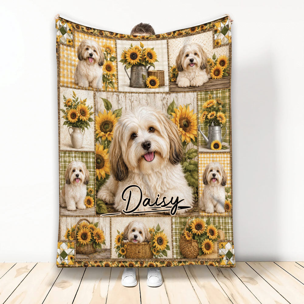 Havanese throw blanket featuring multiple dogs, sunflowers, rustic panels, and a warm farmhouse design