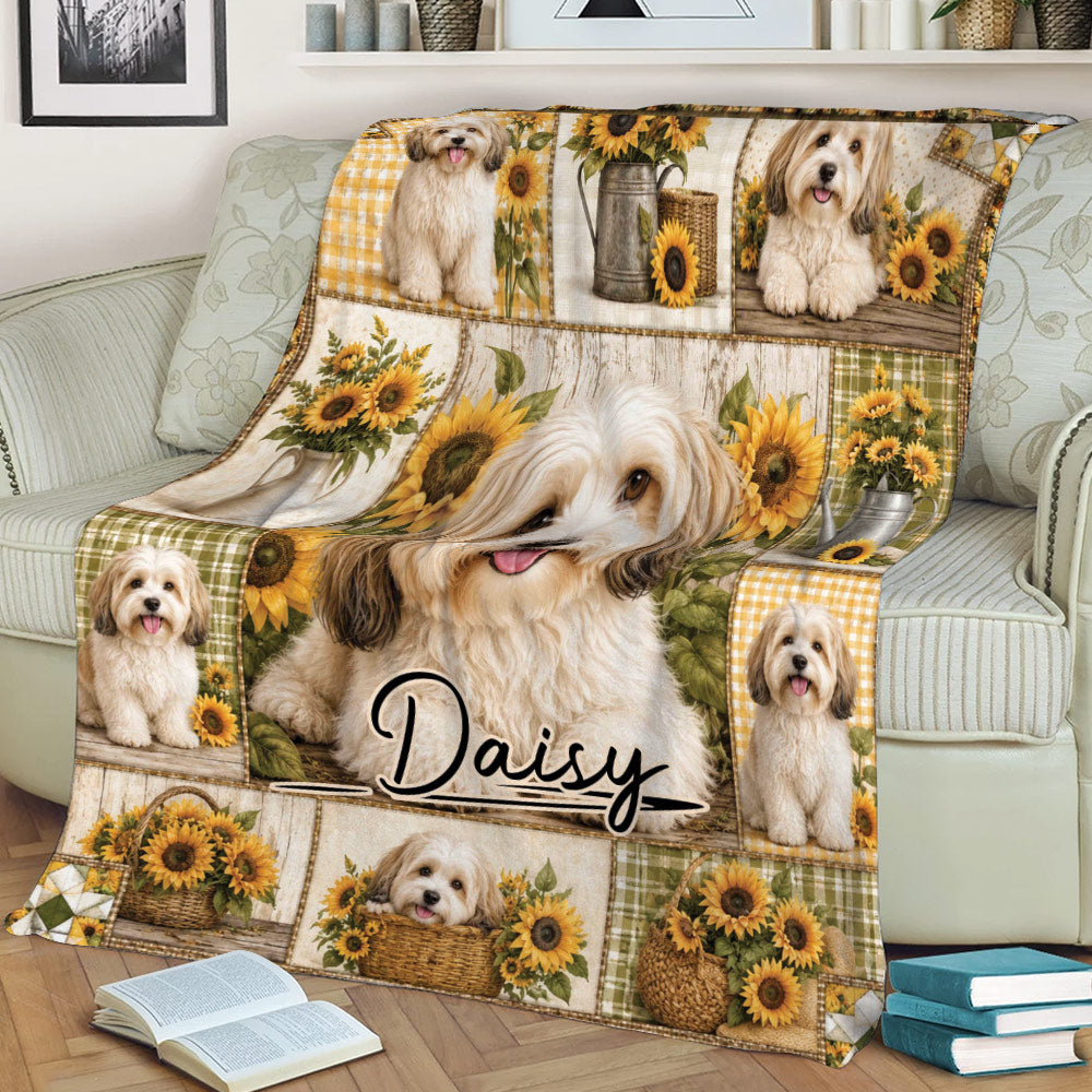 Rustic Havanese throw blanket displayed on a sofa with sunflower and farmhouse artwork