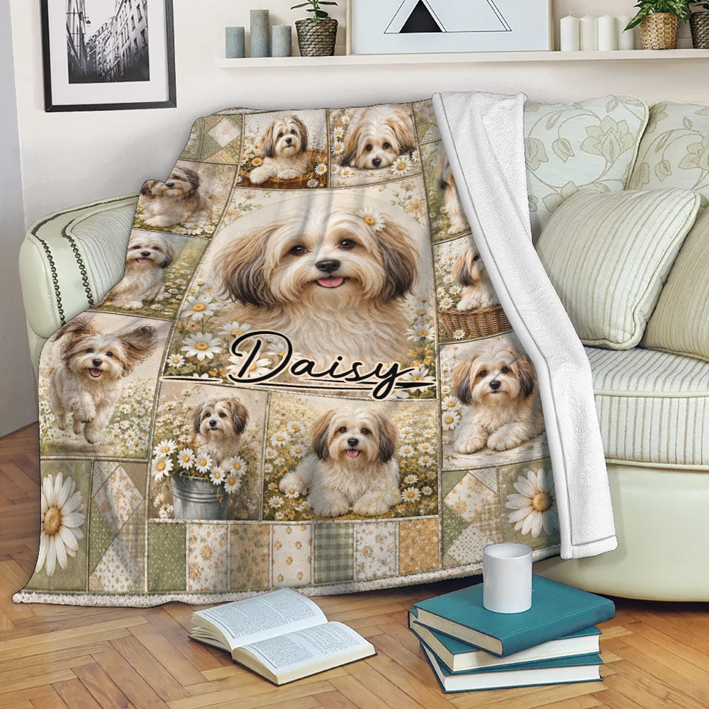 Havanese dog blanket displayed across a cozy sofa in a living room