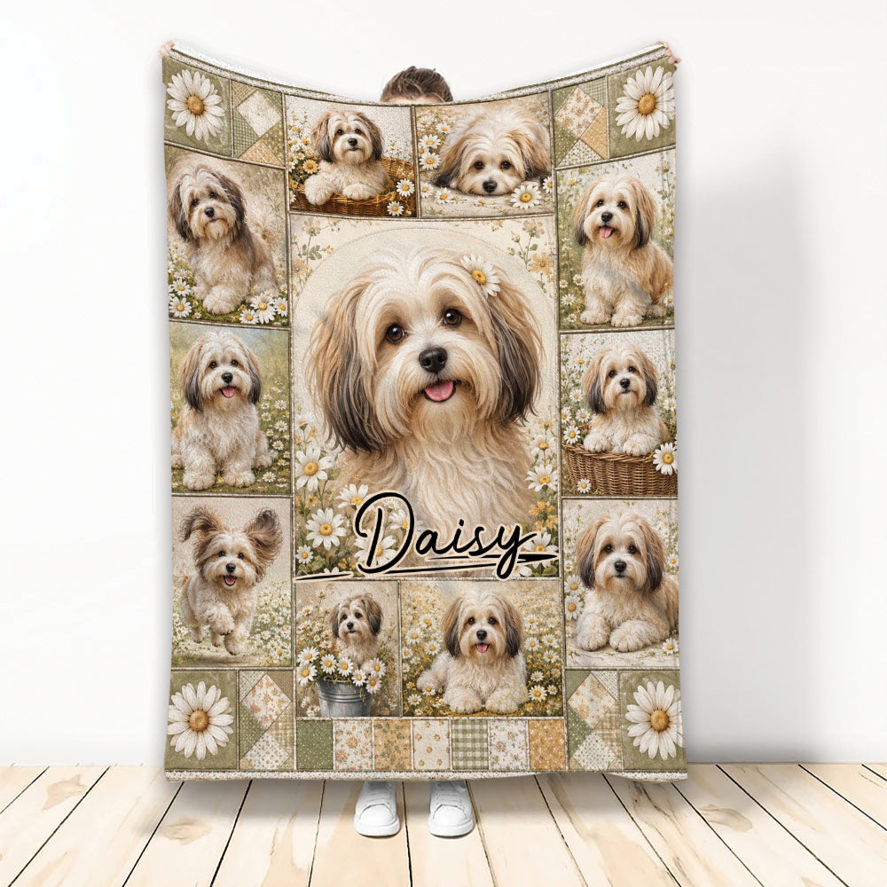 Havanese throw blanket featuring a floral collage of cheerful dogs