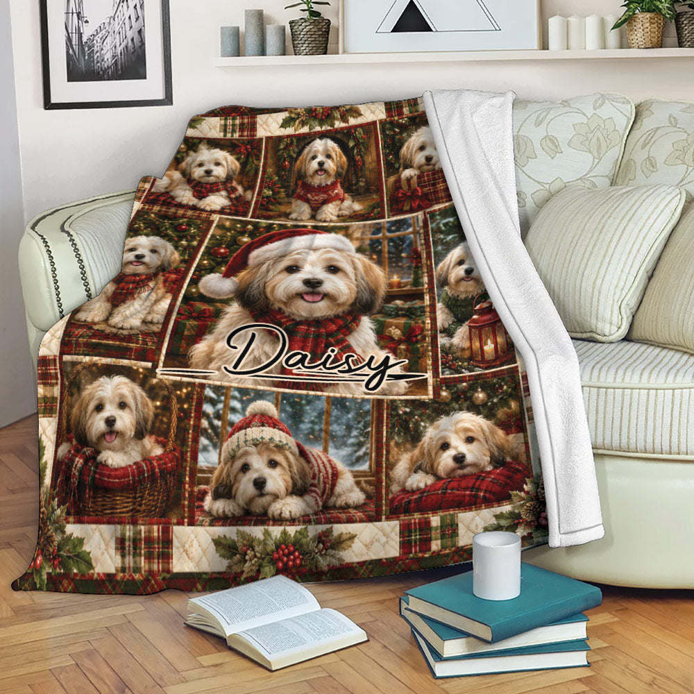 Havanese holiday throw blanket displayed on a sofa with festive dog artwork and cozy Christmas decor