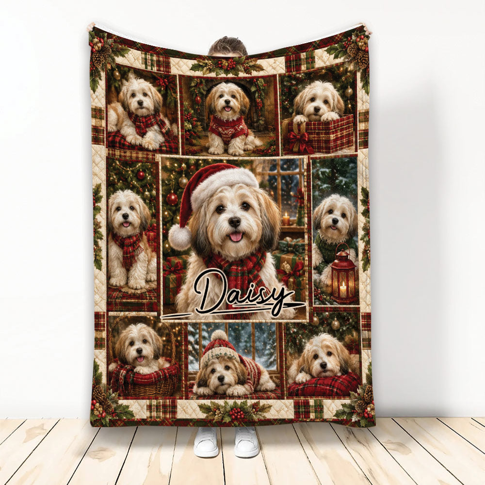 Havanese Christmas blanket featuring a festive collage of small dogs in holiday scarves and winter scenes