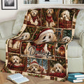 Havanese Christmas blanket draped over a couch, showing cheerful dogs, plaid accents, gifts, and winter scenes