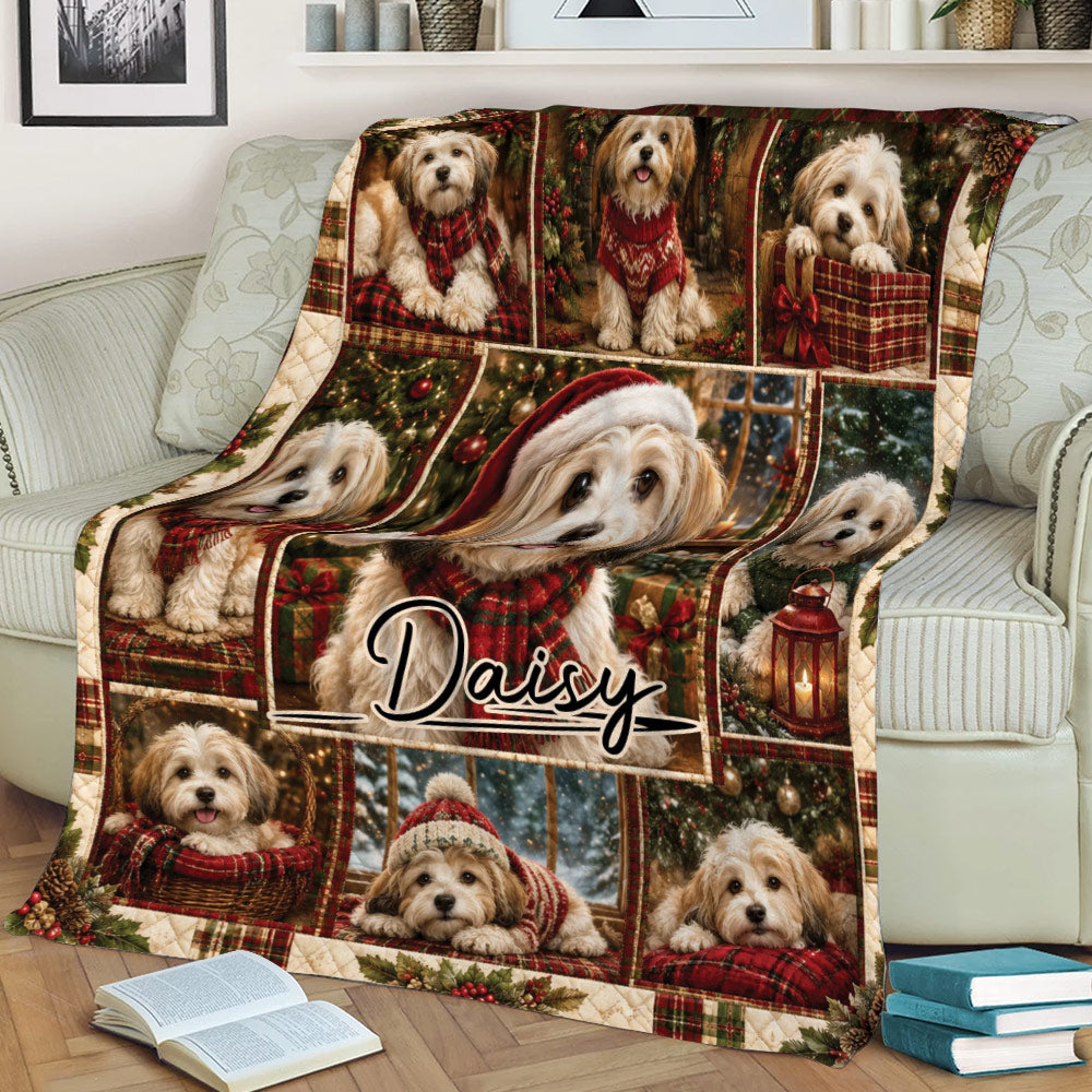 Havanese Christmas blanket draped over a couch, showing cheerful dogs, plaid accents, gifts, and winter scenes