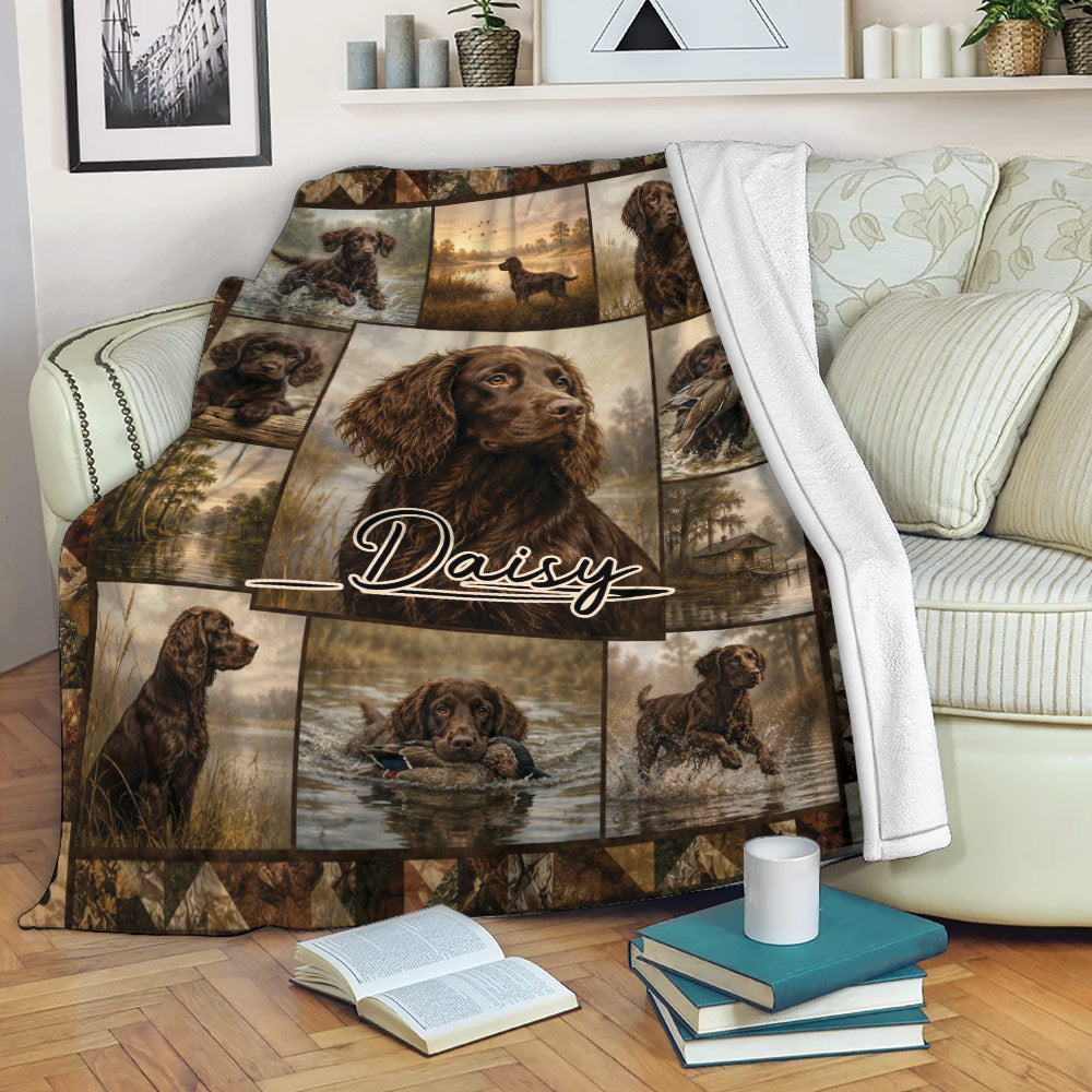 Boykin Spaniel throw blanket displayed on a sofa with brown hunting dog collage artwork