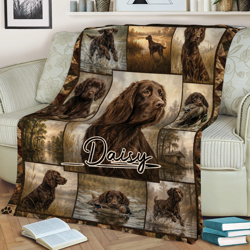 Rustic Boykin Spaniel blanket draped over a sofa with hunting dog and woodland scenes