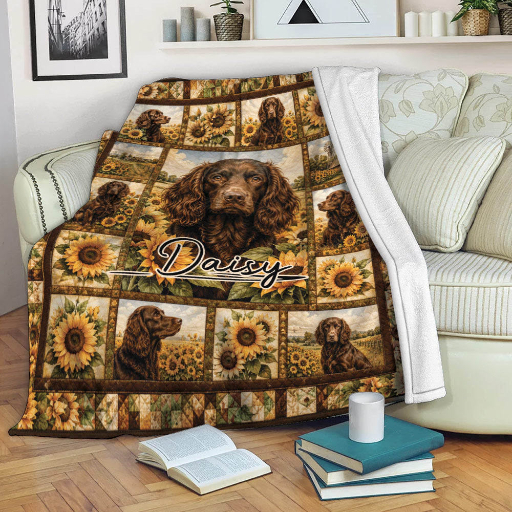 Boykin Spaniel blanket displayed on a sofa with sunflower panels and cozy living room styling