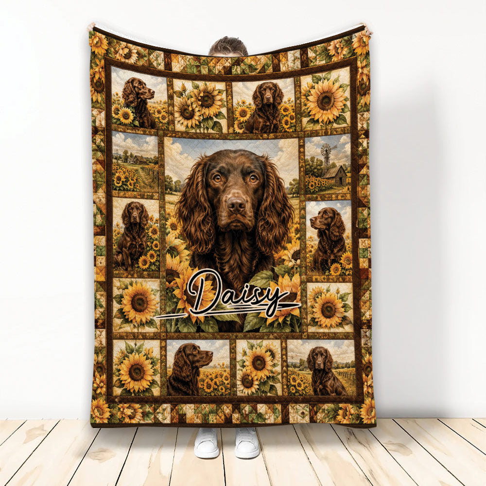 Boykin Spaniel throw blanket with sunflower fields, rural scenes, and warm brown decorative artwork