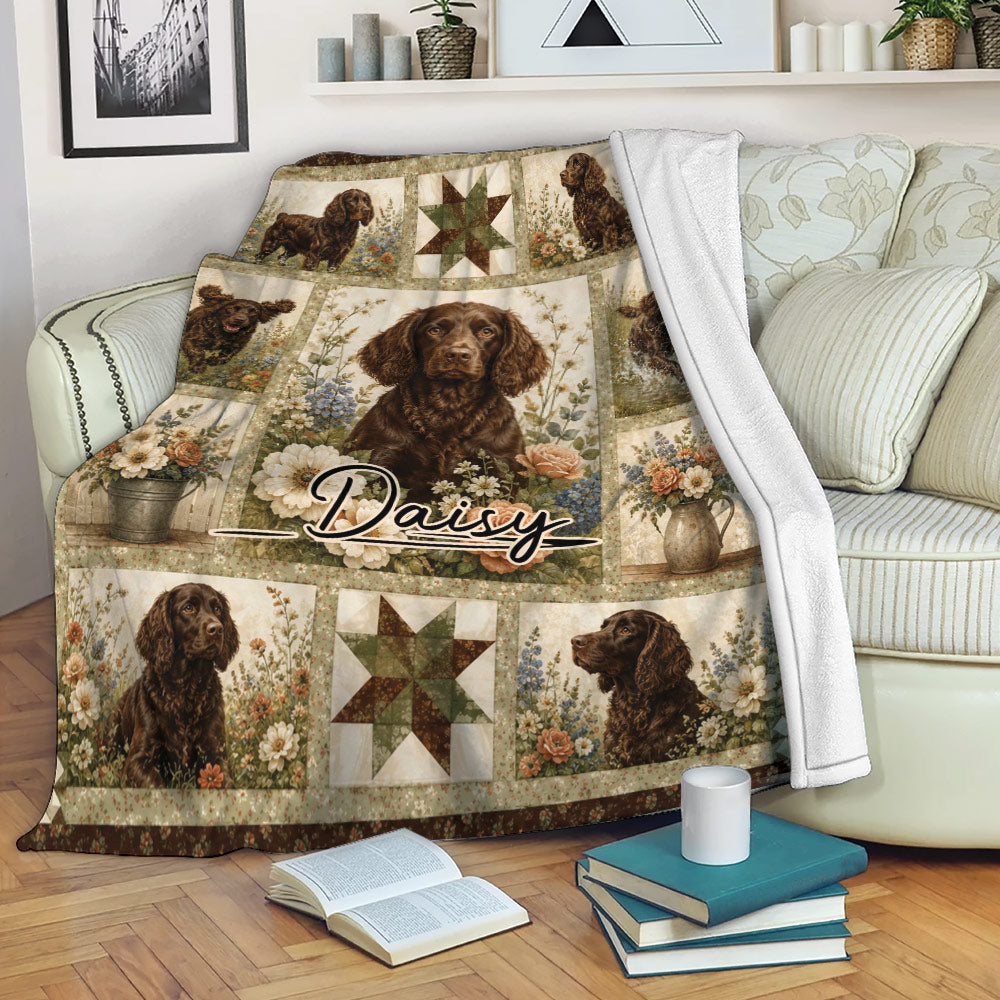 Boykin Spaniel blanket displayed on a sofa with brown dog portraits and vintage floral artwork