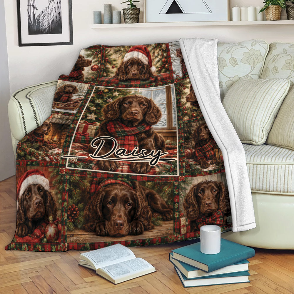 Boykin Spaniel Christmas throw blanket draped over a sofa in a cozy living room