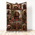 Boykin Spaniel Christmas blanket displayed vertically with festive plaid, ornaments, and multiple dog portraits